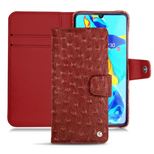Protections (étuis, coques, housses) en cuir pour Huawei P30Autruche ciliegia ( Pantone #a4343a ) 