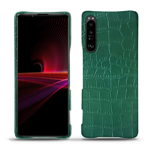 Sony Xperia 1 III 용 가죽 뒷면 커버Crocodile pino ( Pantone #173F35 ) 
