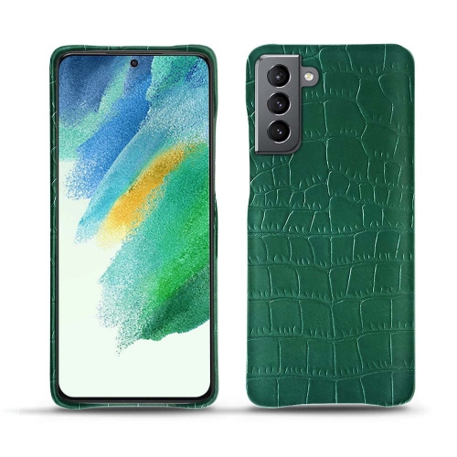 Samsung Galaxy S21 FE를 위한 고급 가죽 케이스Crocodile pino ( Pantone #173F35 ) 
