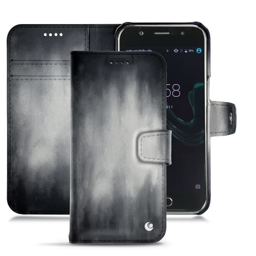 Protections (coques, housses, étuis) en cuir fabriquées main pour Wiko Wim Gris Patine