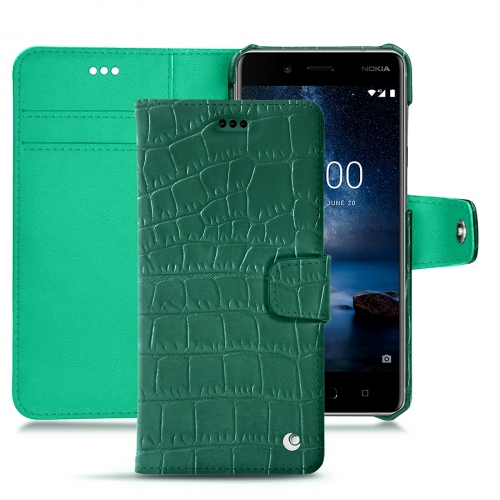 Housses, coques et étuis sur-mesure en cuir pour Nokia 8 par NoreveCrocodile pino ( Pantone #173F35 ) 
